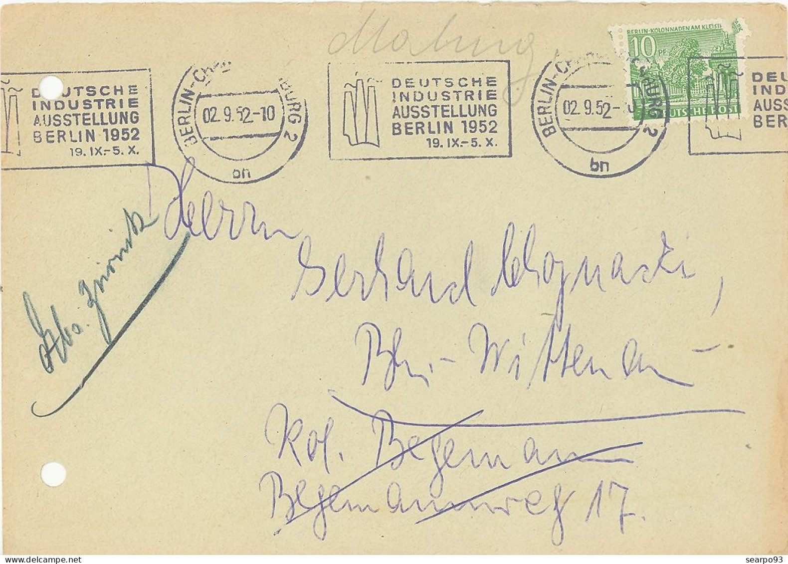 GERMANY. BERLIN. POSTMARK. GERMAN INDUSTRY FAIR. BERLIN 1952 - Máquinas Franqueo (EMA)