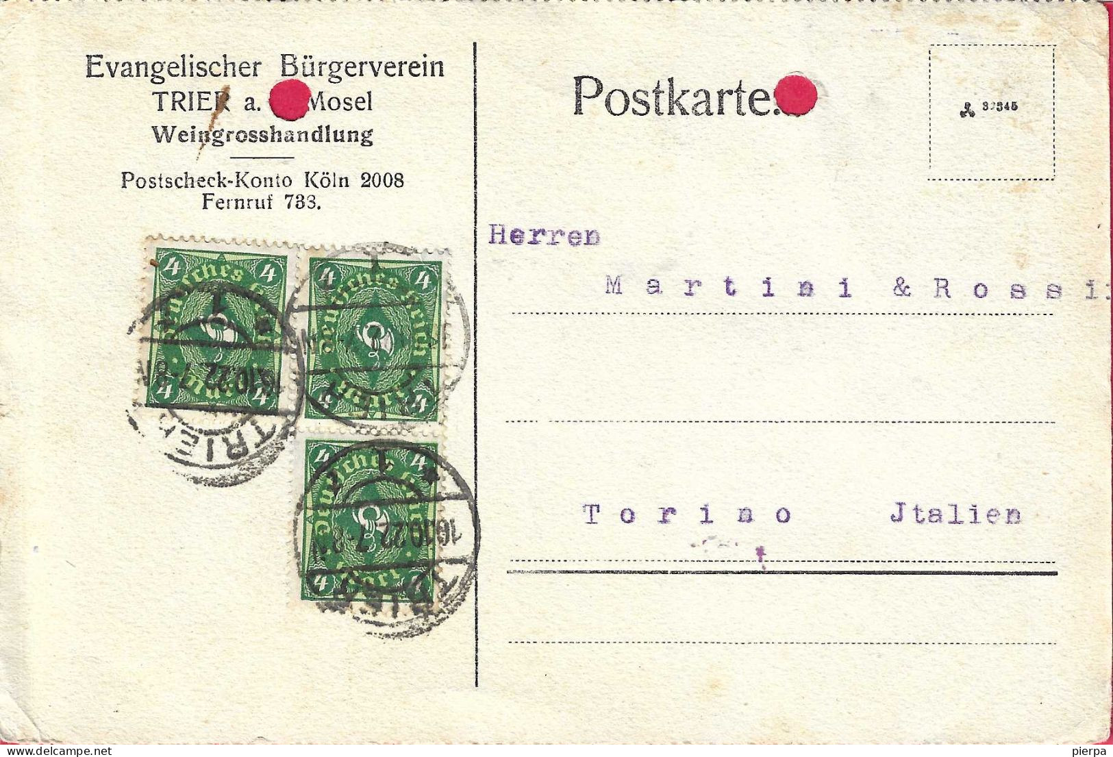 GERMANY - POSTKARTE PF.4X3  FROM "TRIER *16.10.22* TO TORINO (ITALY) - Autres & Non Classés