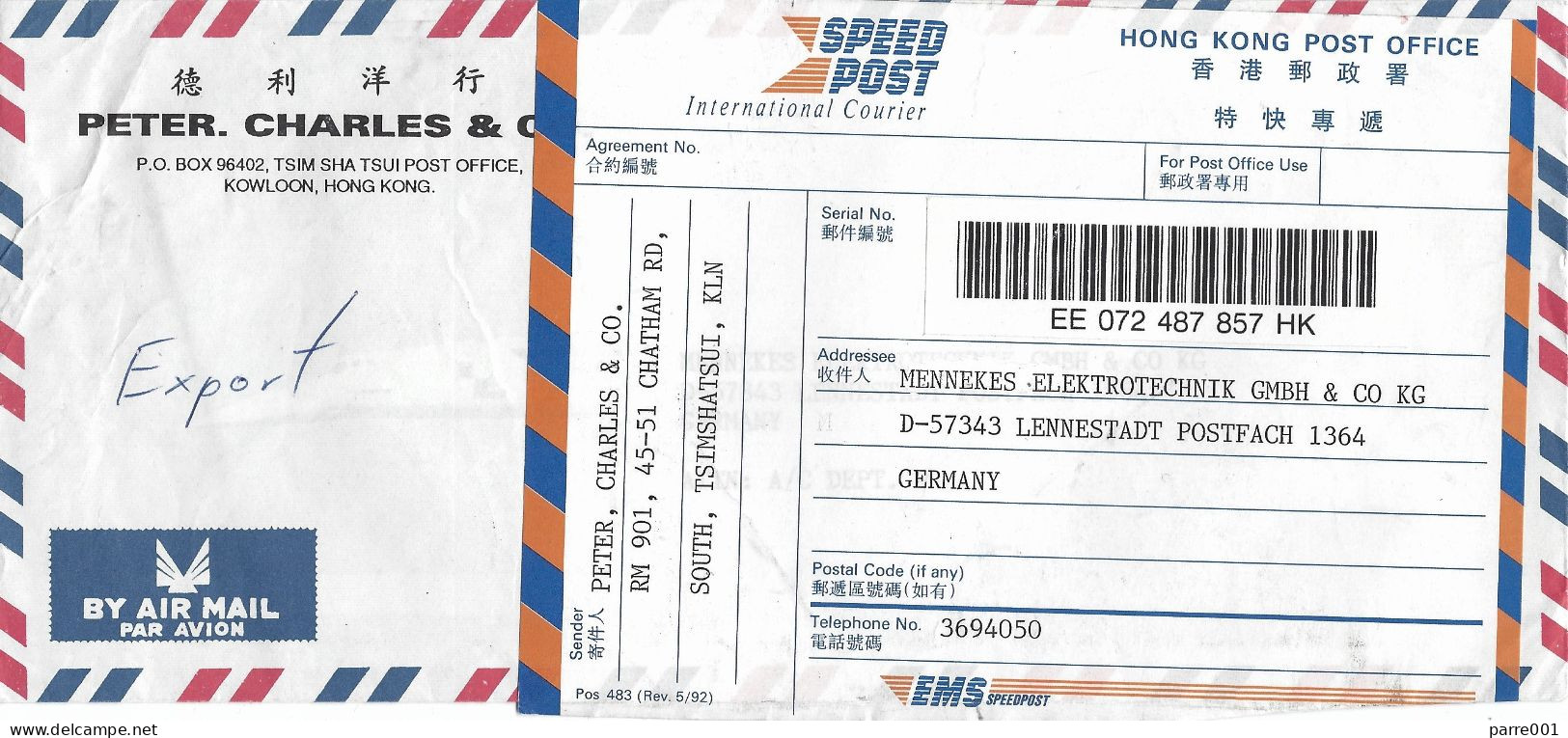 Hong Kong 1994 Tsimshatsui Speed Post EMS With Label Customs Checked Cover - Lettres & Documents