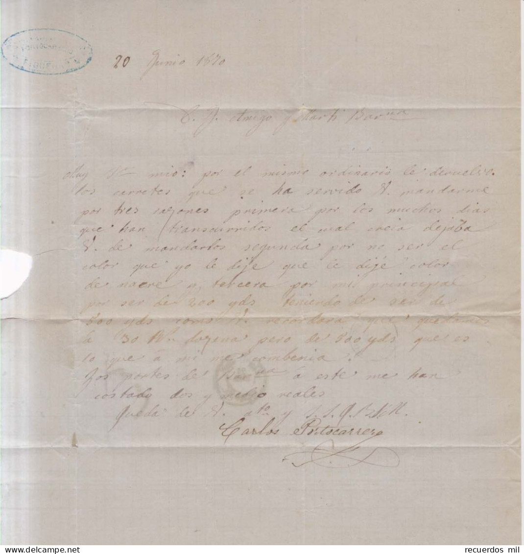 Año 1870 Edifil 107 Alegoria Carta  Matasellos Figueras Gerona Membrete Carlos Portacarrero - Lettres & Documents