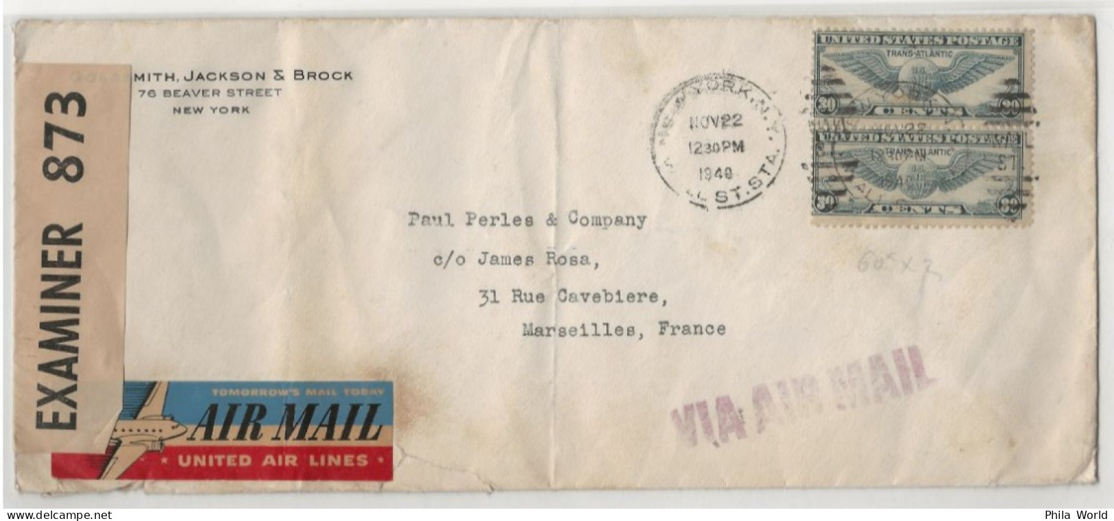 WW2 PANAM 1940 USA Air Mail Cover To France Marseille UNITED AIR LINES Label British Censorship EXAMINER 873 - Lettres & Documents