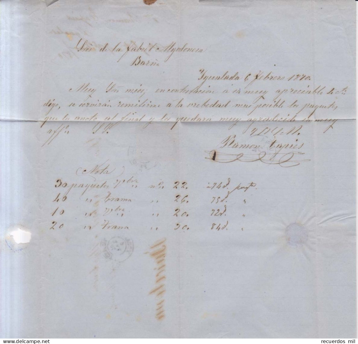 Año 1870 Edifil 107 Alegoria Carta  Matasellos Ygualada Barcelona Antonio Tapies - Lettres & Documents