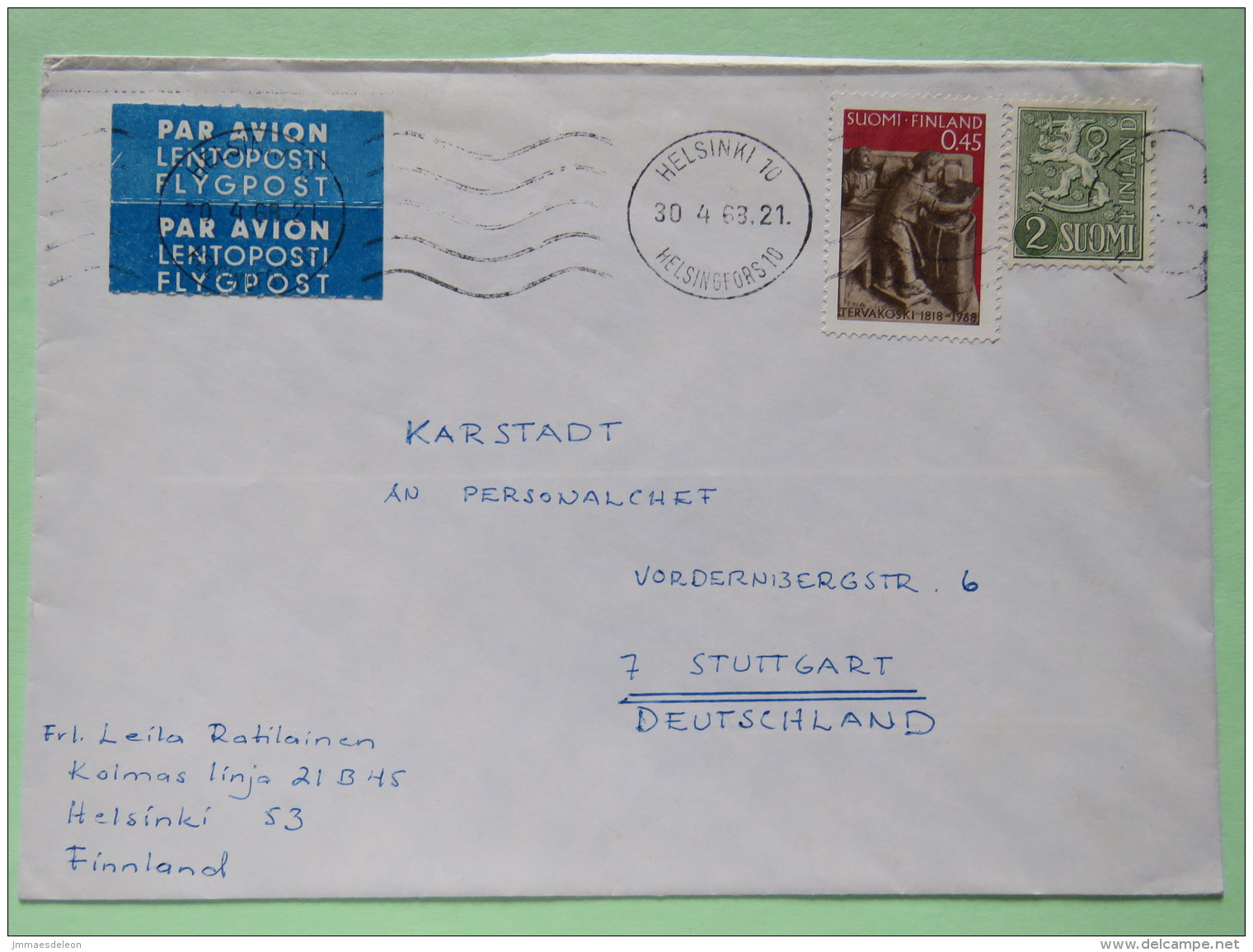 Finland 1968 Cover Helsinki To Germany - Lion Arms - Paper Making Industry 150 Anniv. - Covers & Documents