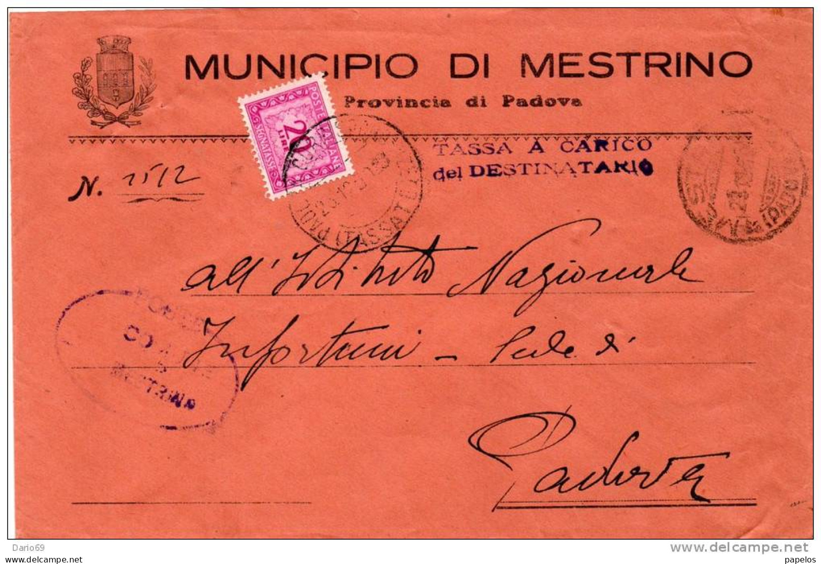 1950 LETTERA CON ANNULLO MESTRINO PADOVA - Fiscali