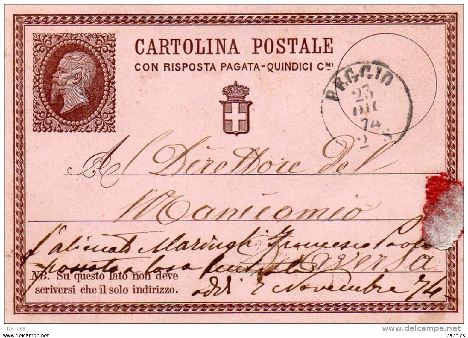 1874  CARTOLINA CON ANNULLO   REGGIO CALABRIA - Entiers Postaux