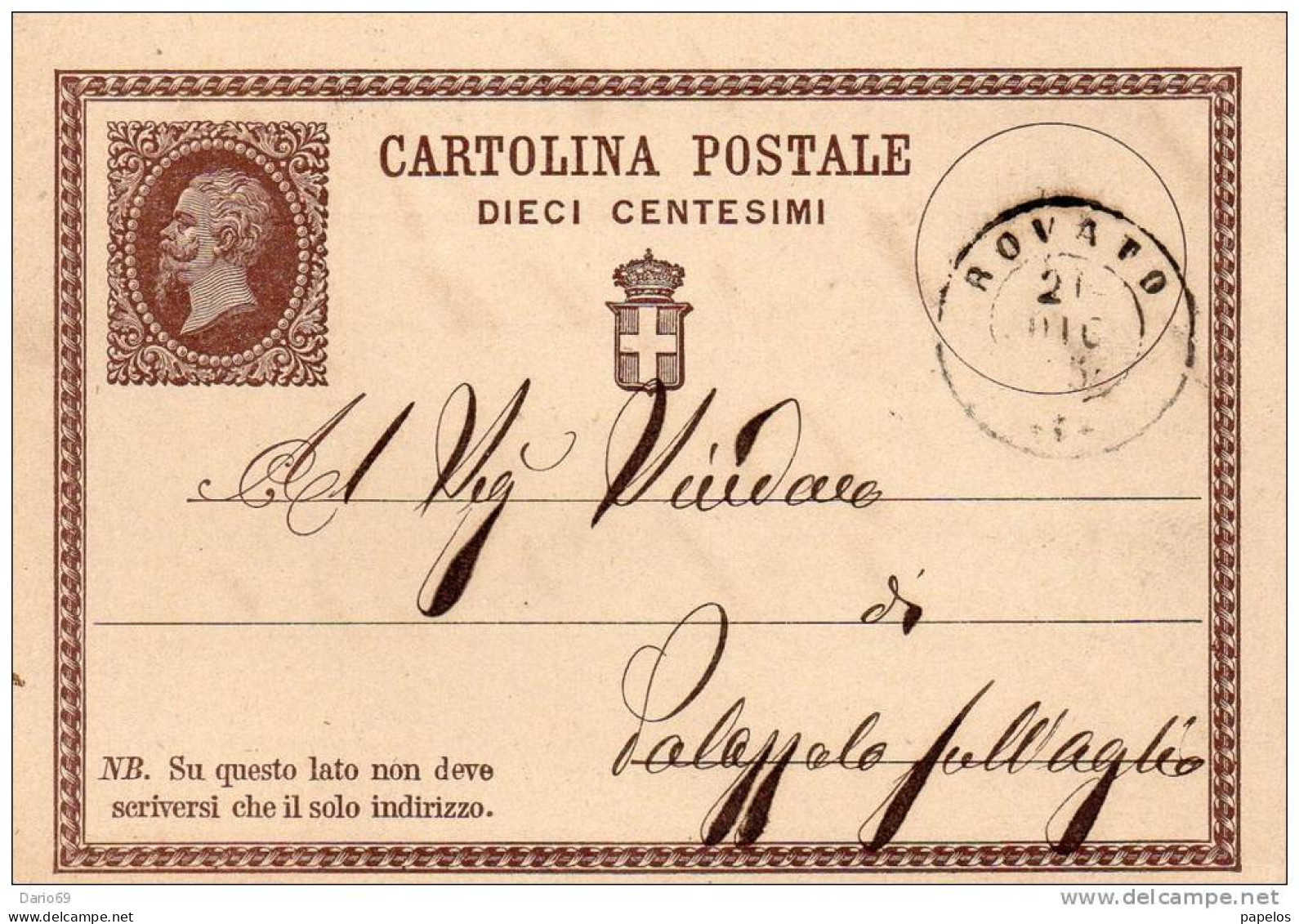 1875  CARTOLINA CON ANNULLO  ROVATO BRESCIA - Entiers Postaux