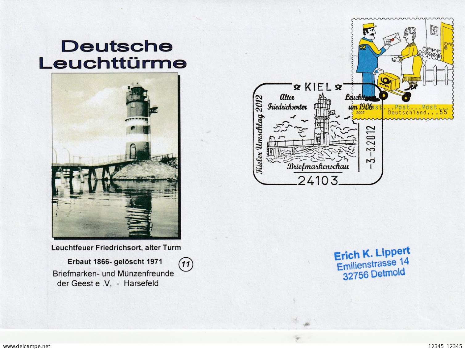 Kiel 2012, Deutsche Leuchttürme, Leuchtfeuer Friedrichsort, Alter Turm - Enveloppes Privées - Oblitérées