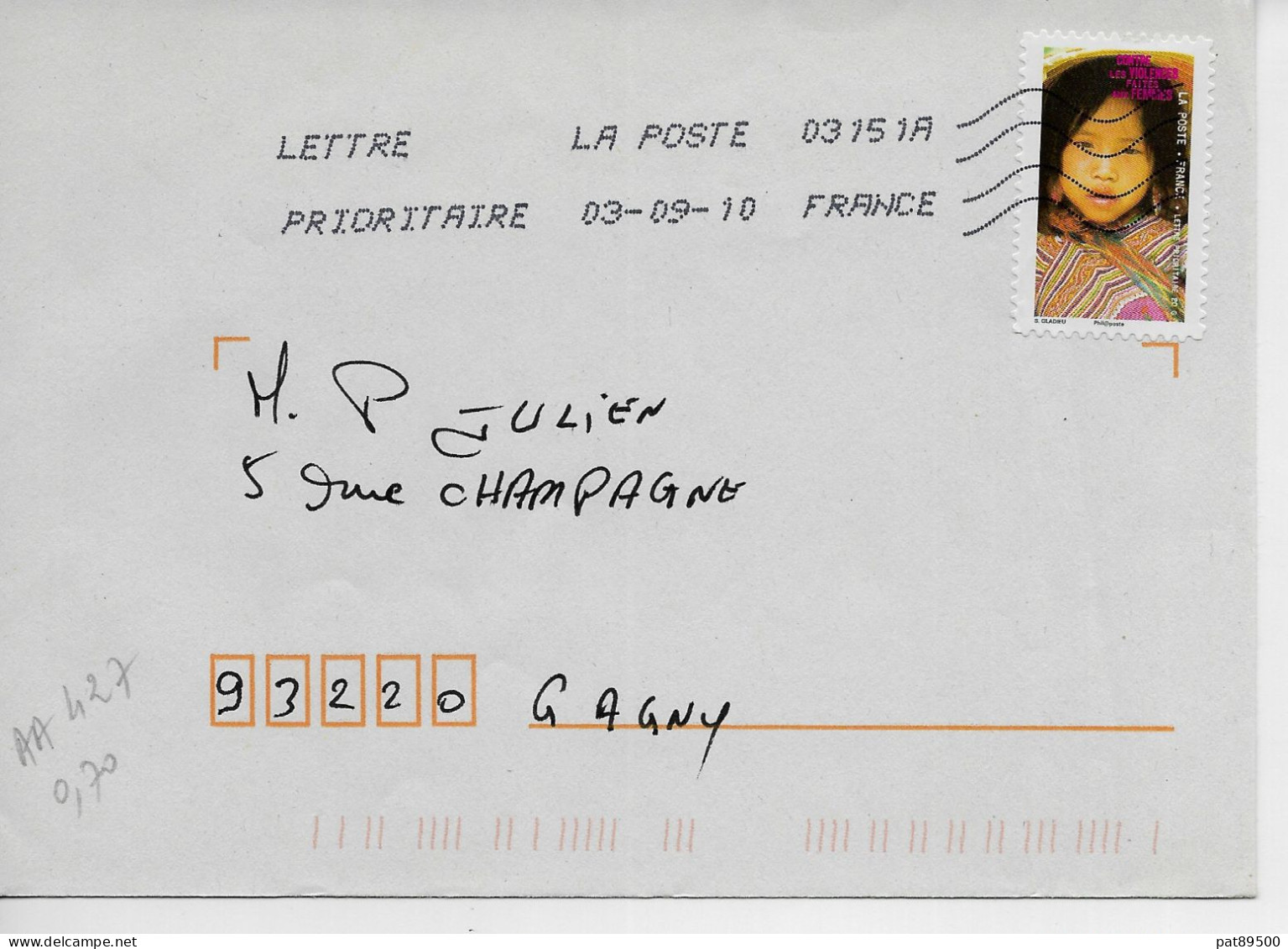 FRANCE AA 427 De 2010/ Contre Les Violences Faites Aux Femmes/fillette Asiatique S/petite Enveloppe Entière OBL. 2010 / - Storia Postale