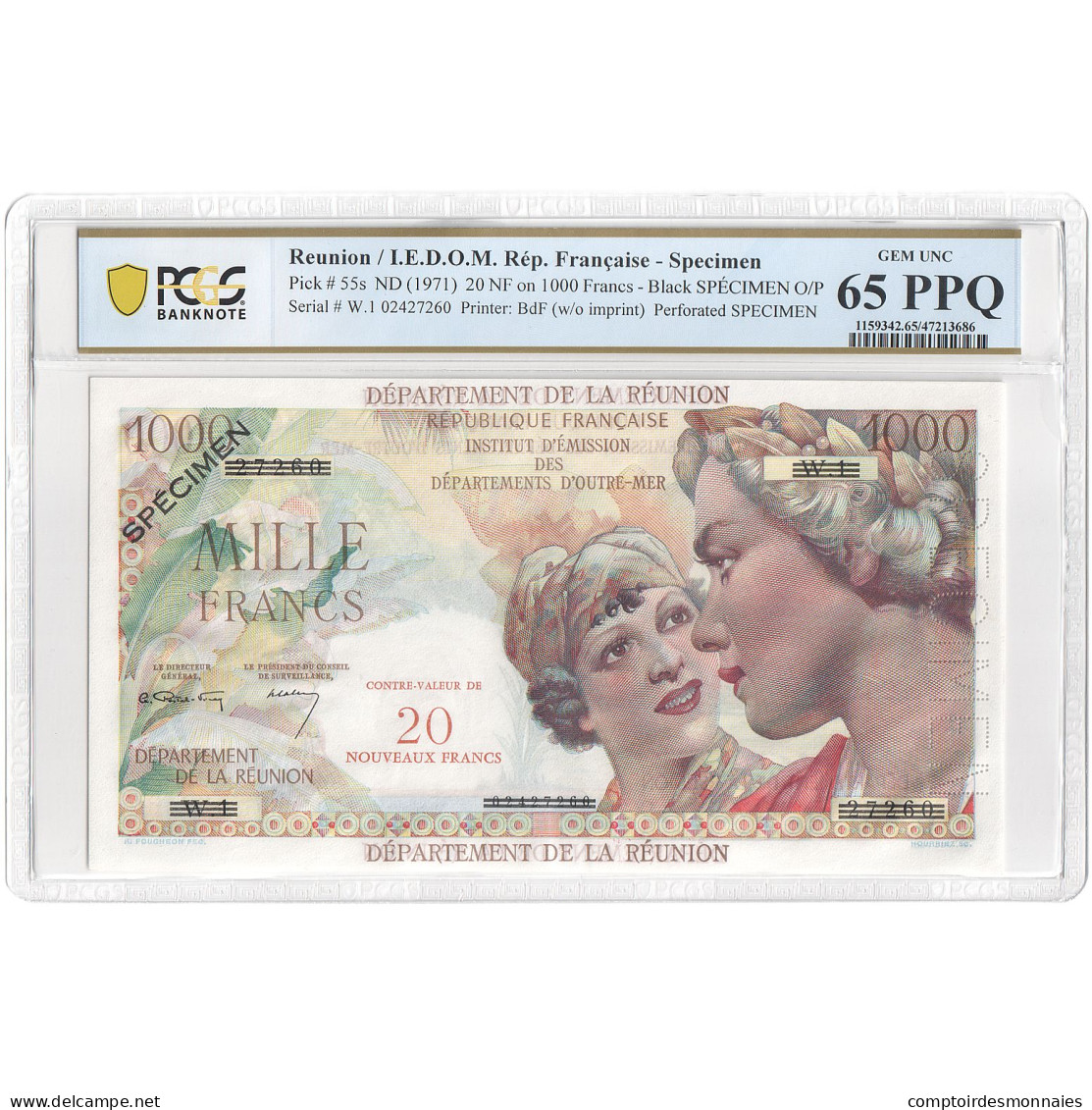 Réunion, 20 Nouveaux Francs On 1000 Francs, Union Française, Undated (1967) - Specimen
