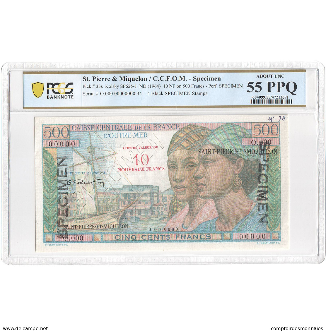 Saint-Pierre-et-Miquelon, 10 Nouveaux Francs On 500 Francs, Pointe-à-Pitre - Specimen