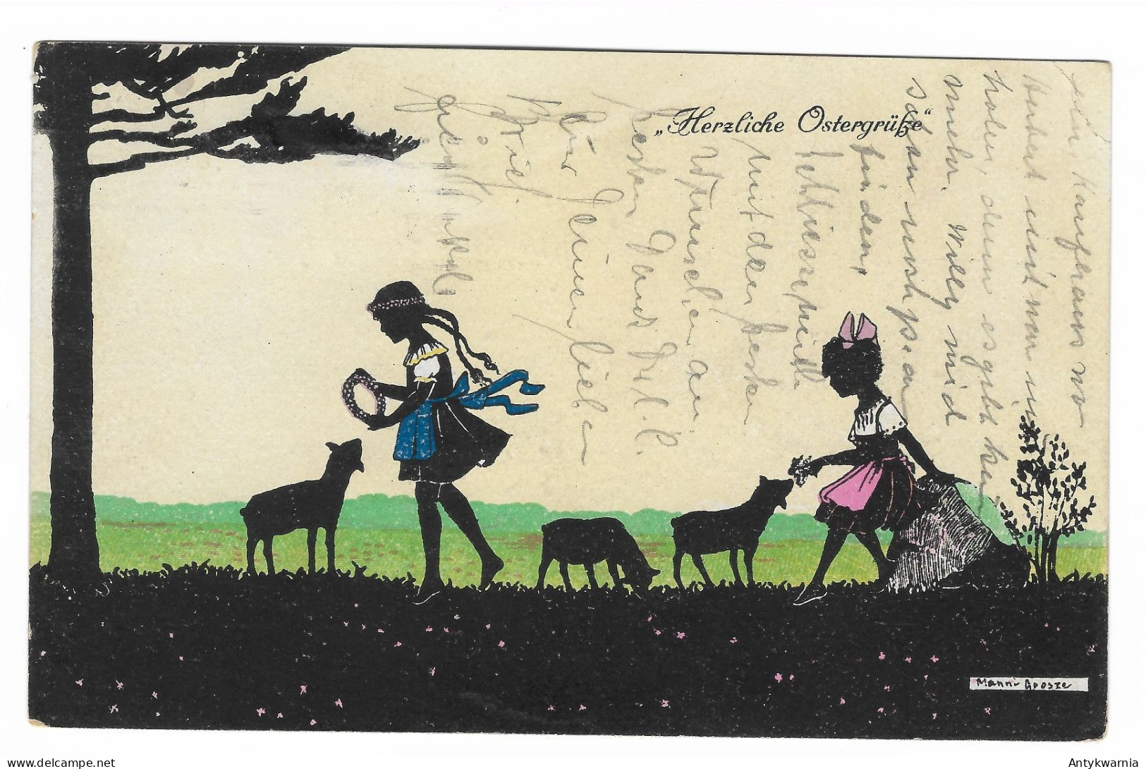 MANNI GROSZE SILHOUETTES ENFANTS CHILDREN Feeding LAMBS SHEEP Gelaufen 1920y.   H750 - Grosze, Manni