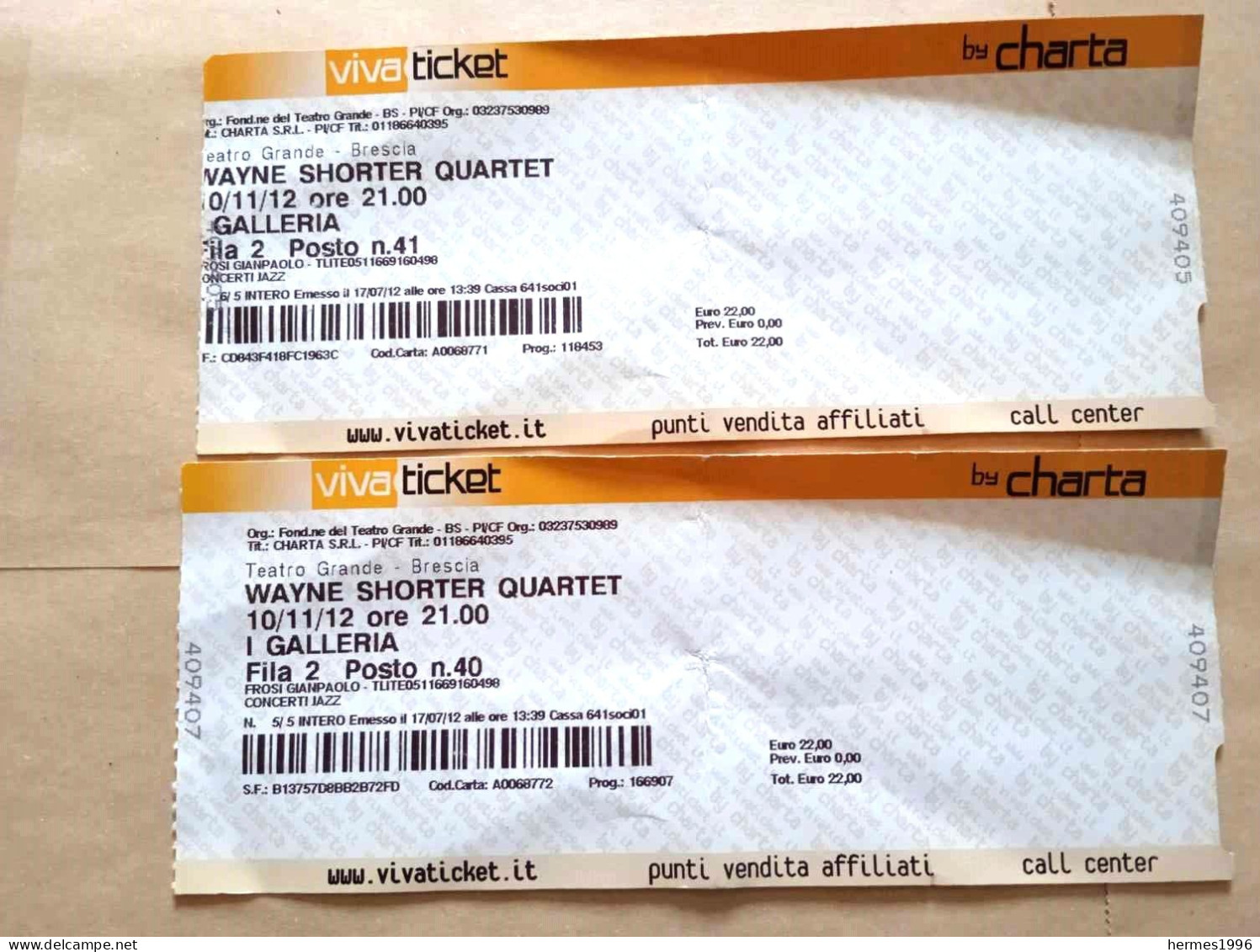 N. 2   BIGLIETTI    CONCERTO    WAYNE   SHORTER   QUARTET - Concerttickets