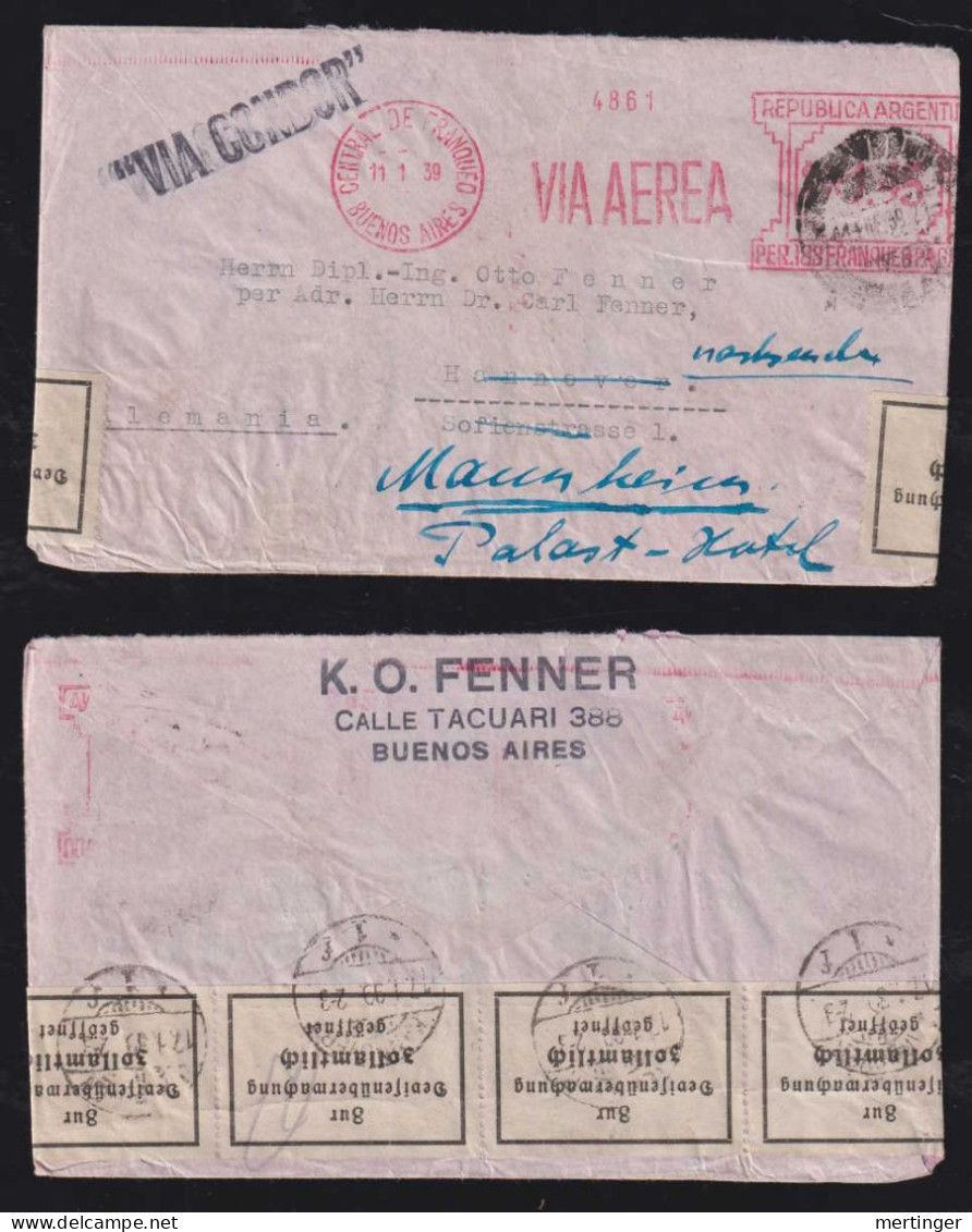 Argentina 1939 CONDOR Meter Censor Airmail Cover To HANNOVER Forwarded To MANNHEIM Germany - Covers & Documents