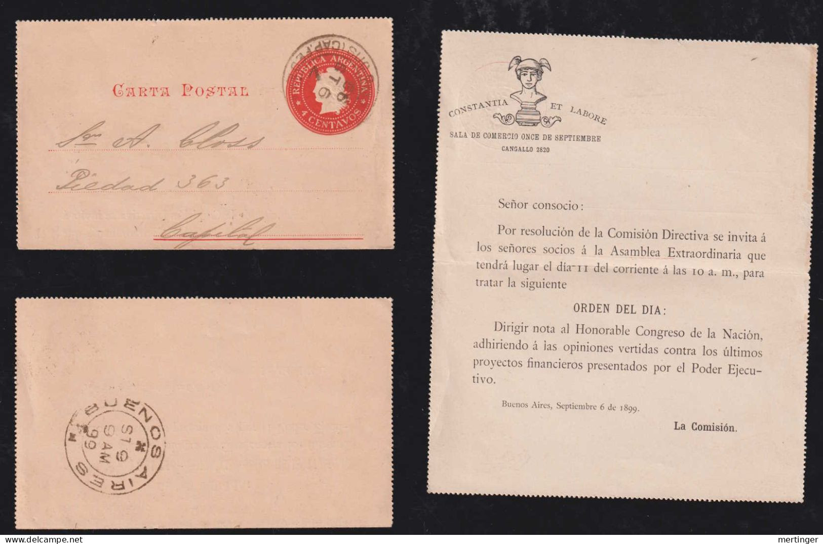 Argentina 1899 Stationery Lettercard Used BUENOS AIRES Private Imprint Constantia Et Labore - Covers & Documents