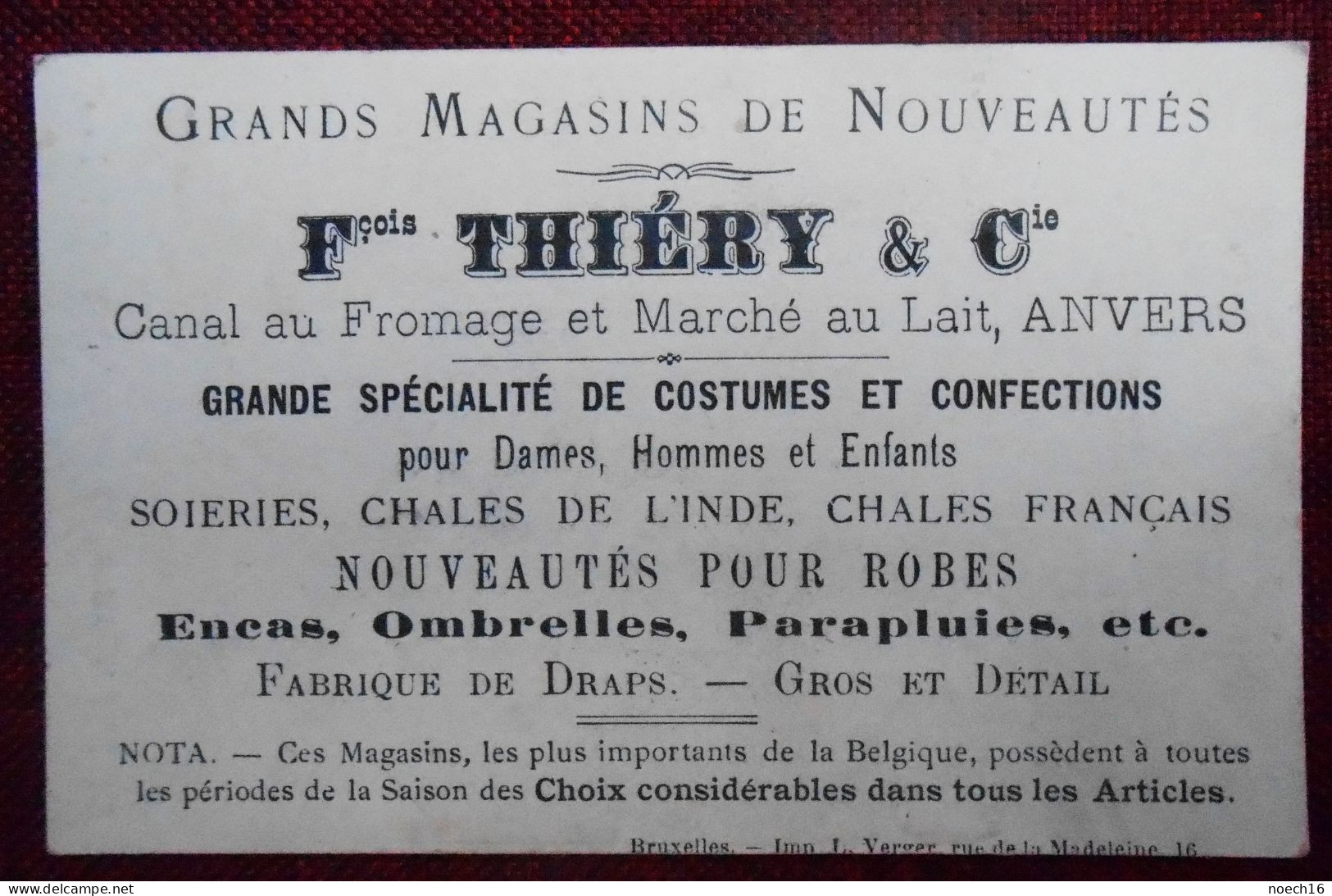 Chromo Publicité Magasin François Thiéry & Cie, Canal Au Fromage Et Marché Au Lait, Anvers / Costumes Et Confections - Other & Unclassified