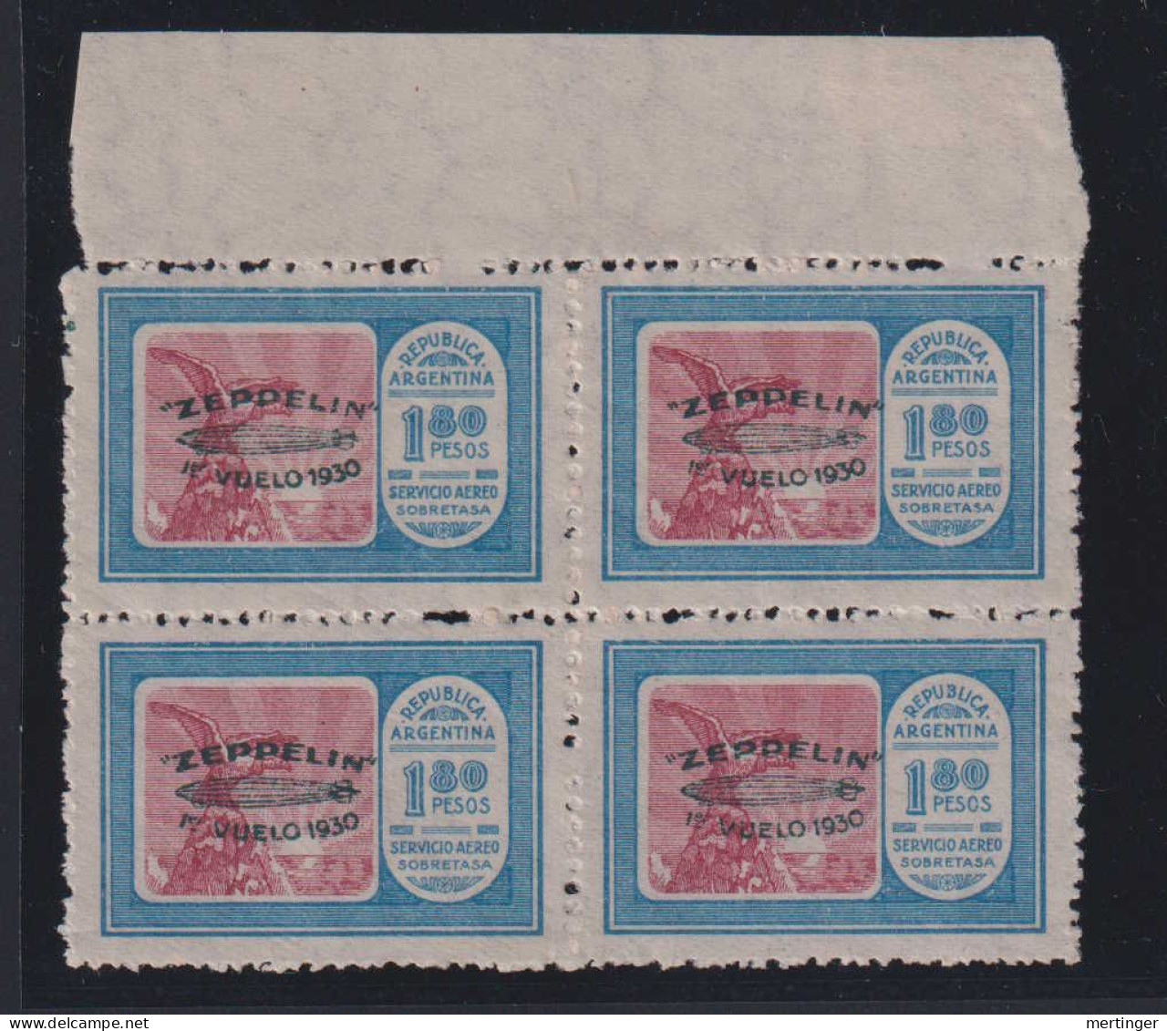 Argentina Mi# 346 ** MNH Block Of 4 Green Zeppelin 1930 Overprint 1,80P - Nuevos