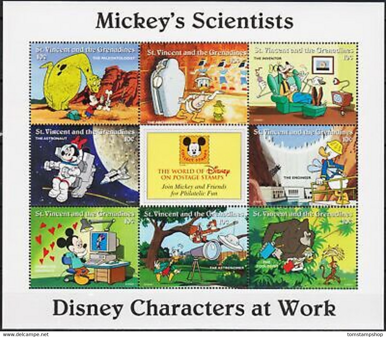 St. Vincent 1996 Disney Mickey's Scientists Space Gorilla Dinosaurs Telescope NH - Altri & Non Classificati