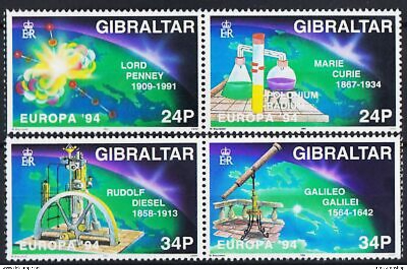 Gibraltar 1994 Discovery Galilei Astronomy Curie Nuclear Atom Nobel Prize Diesel - Autres & Non Classés