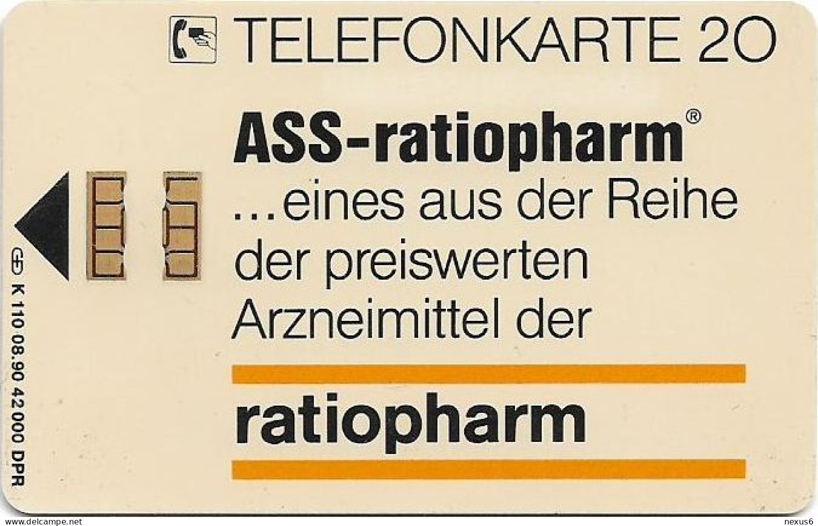 Germany - Ratiopharm 1 - ASS-Ratiopharm - K 0110 - 08.1990, 20U, 42.000ex, Used - K-Series: Kundenserie