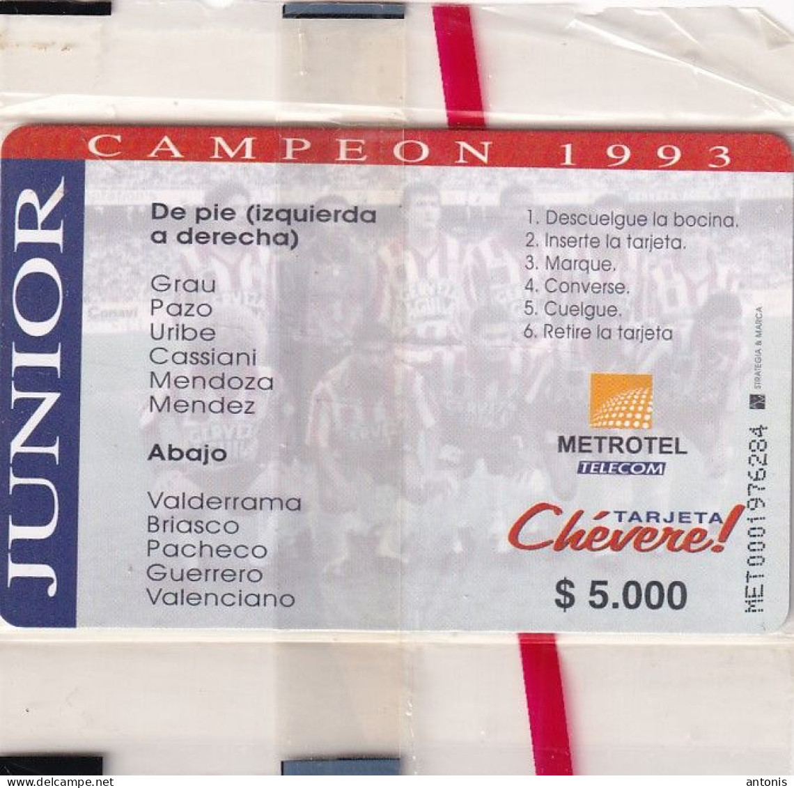 COLOMBIA - Junior FC 1993, Metrotel Telecard $5000, Mint - Colombie