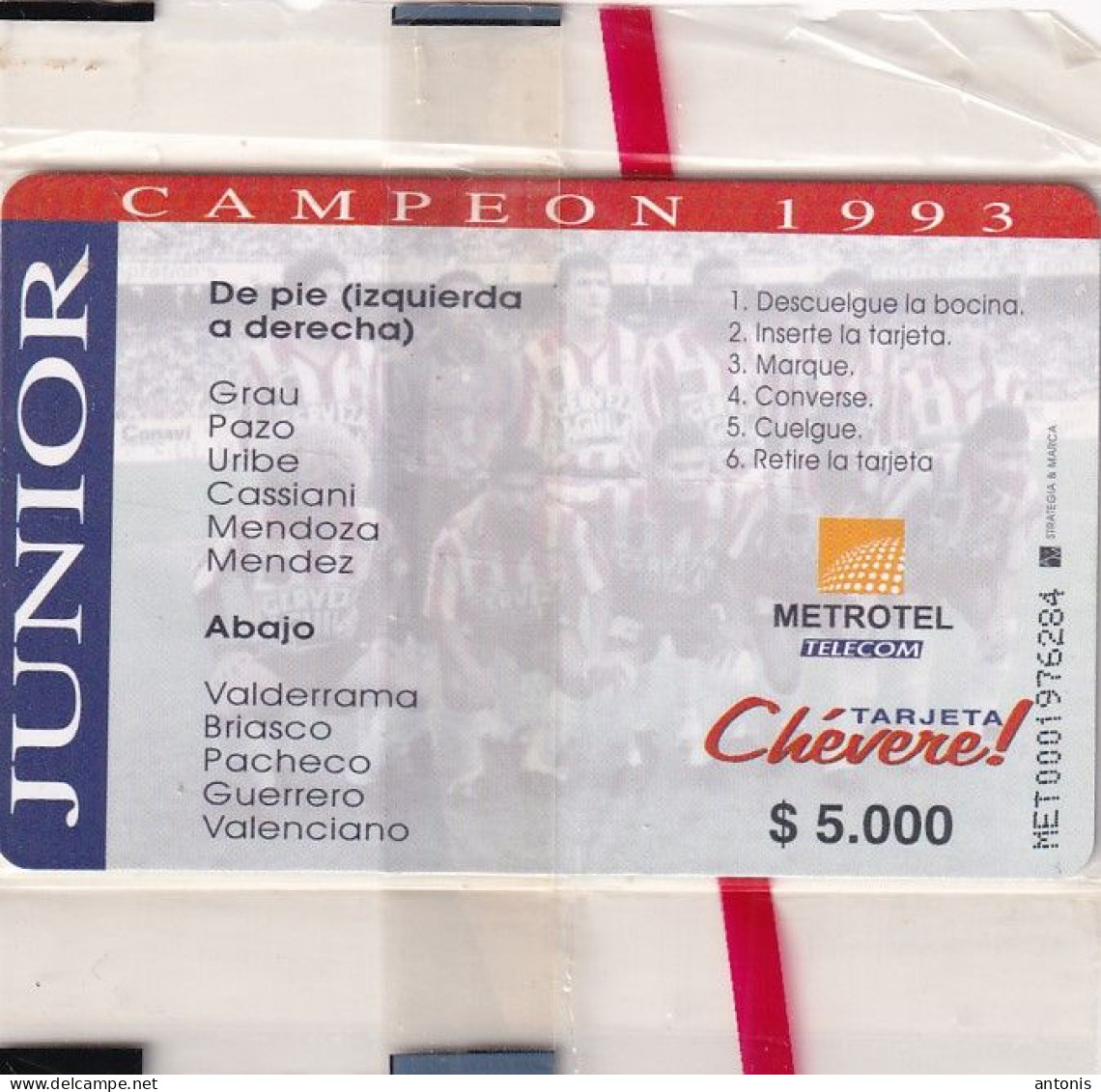 COLOMBIA - Junior FC 1993, Metrotel Telecard $5000, Mint - Colombia