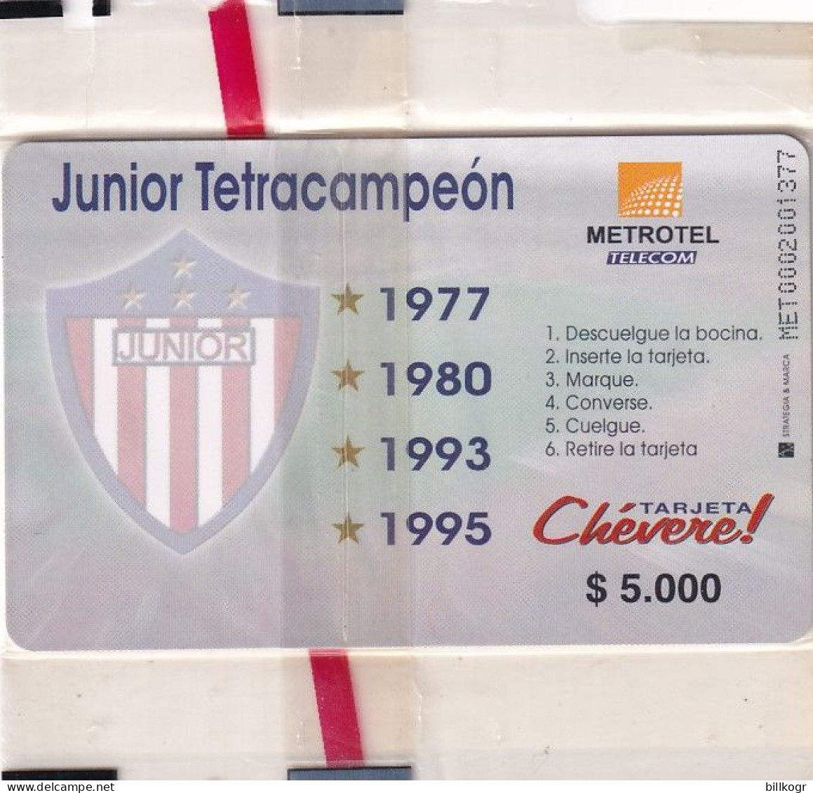 COLOMBIA - Junior FC/Emblem, Metrotel Telecard $5000, Mint - Colombia