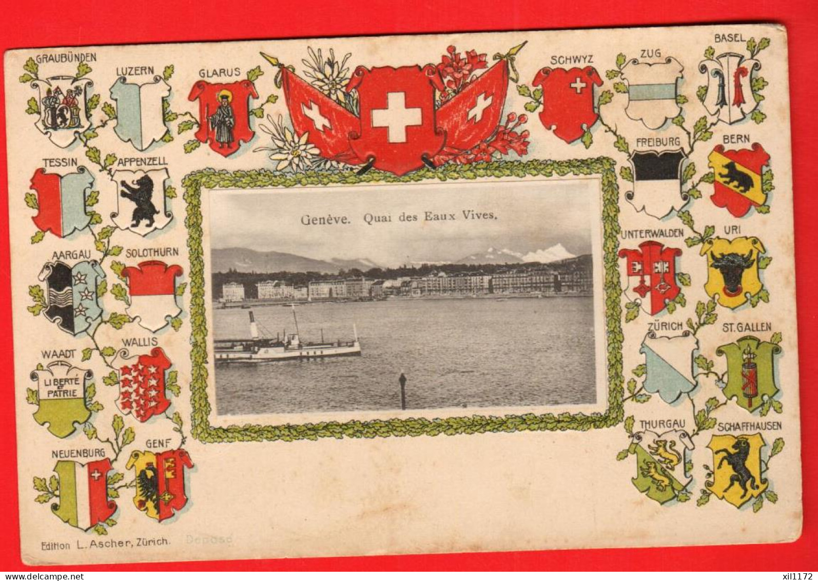 ZXG-08 RARE Litho Genève Quai Des Eaux-Vives Avec Blason Des 22 Cantons  Gaufré. Non Circulé Dos Simple - Autres & Non Classés