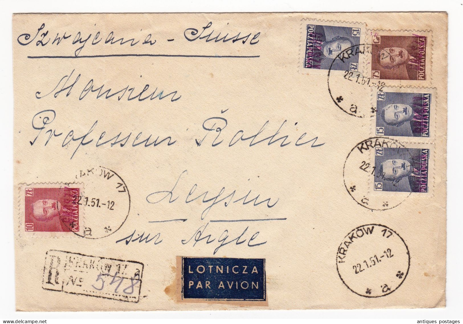 Registered Recommandé 1951 Kraków Cracovie Pologne Poland Polen Polska Stamp Bolesław Bierut Leysin Suisse Schweiz - Lettres & Documents