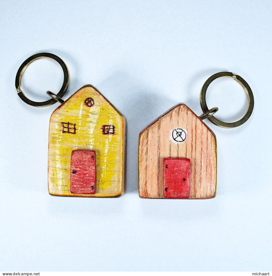 House Keyring Lot Of 2 Handmade Home Figurines Wood Art Keychain Gift 03037 - Furniture