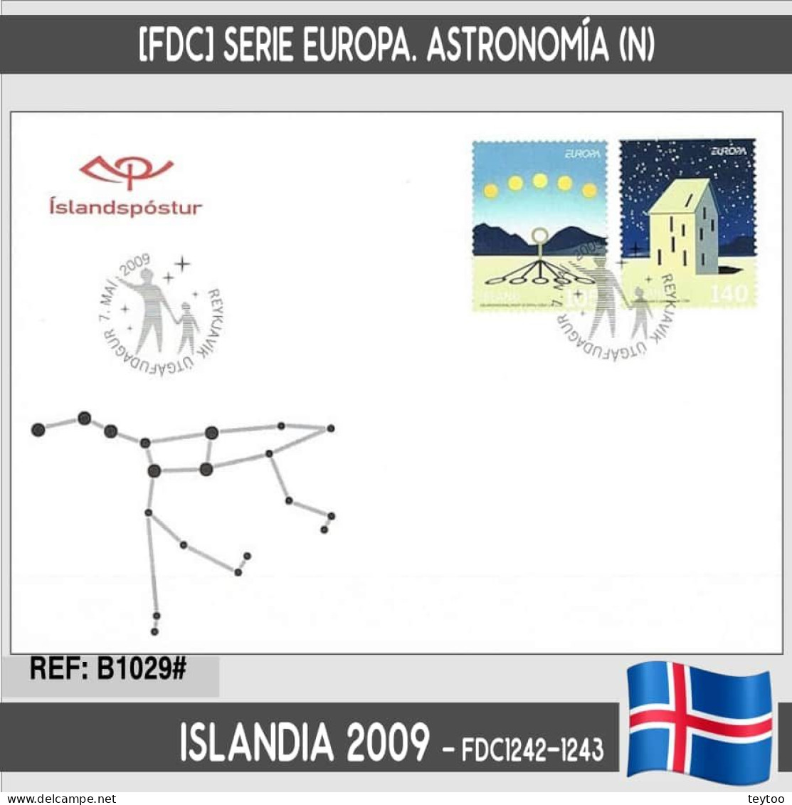 B1030# Islandia 2009 [FDC] Serie Europa: Astronomía (N) - FDC