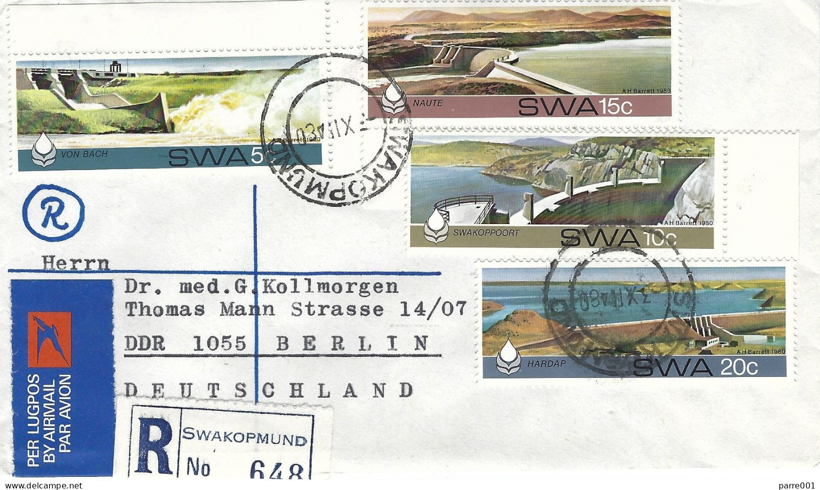 SWA Namibia 1980 Swakopmund Hydrodams Electricity Registered Cover - Water