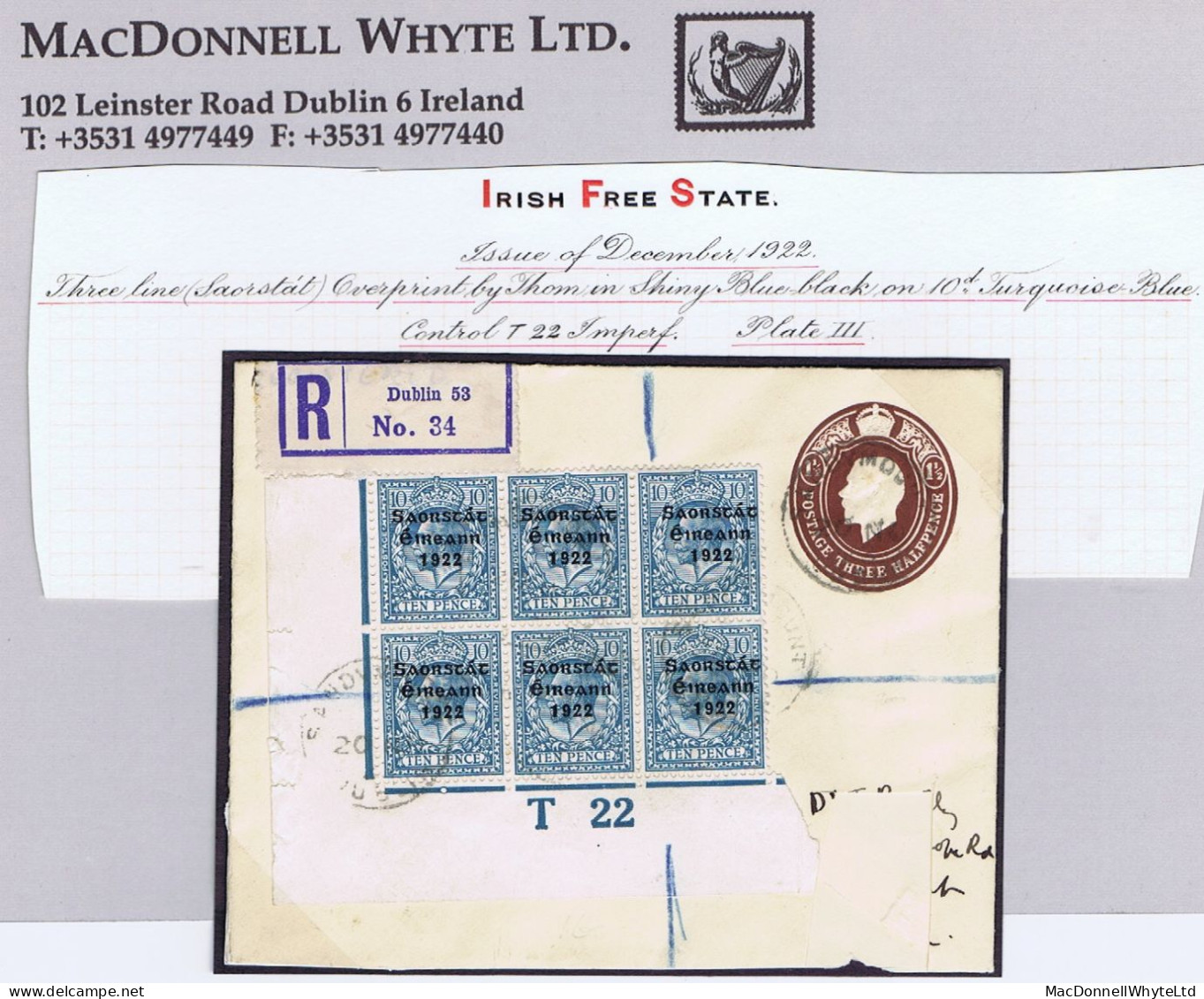 Ireland 1922-23 Thom Saorstat 3-line Ovpt On 10d, Control T22 Imperf Corner Block Of 6 Used On Reg Cover To Kent - Gebraucht