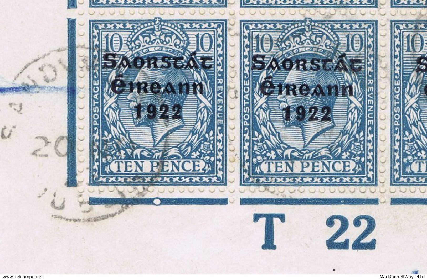 Ireland 1922-23 Thom Saorstat 3-line Ovpt On 10d, Control T22 Imperf Corner Block Of 6 Used On Reg Cover To Kent - Usados