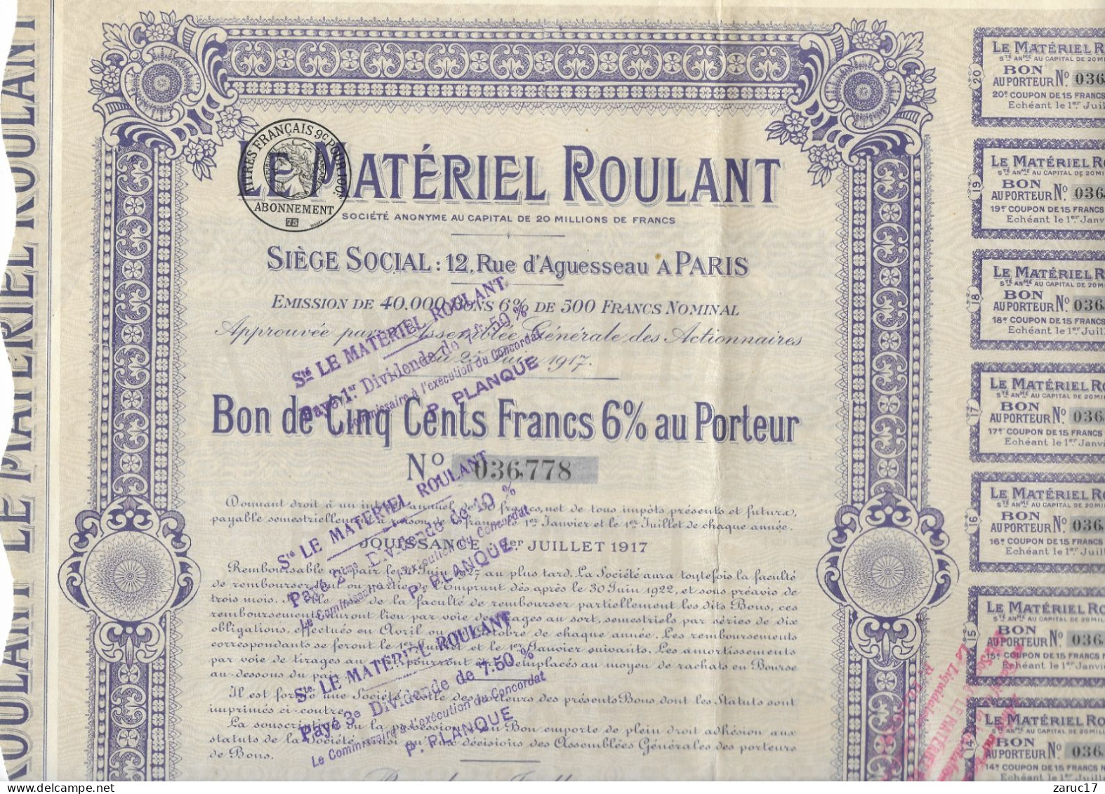 ACTION LE MATERIEL ROULANT 1917 BON DE 500 Frs 6% Au Porteur INDUSTRIE PARIS - Industrie