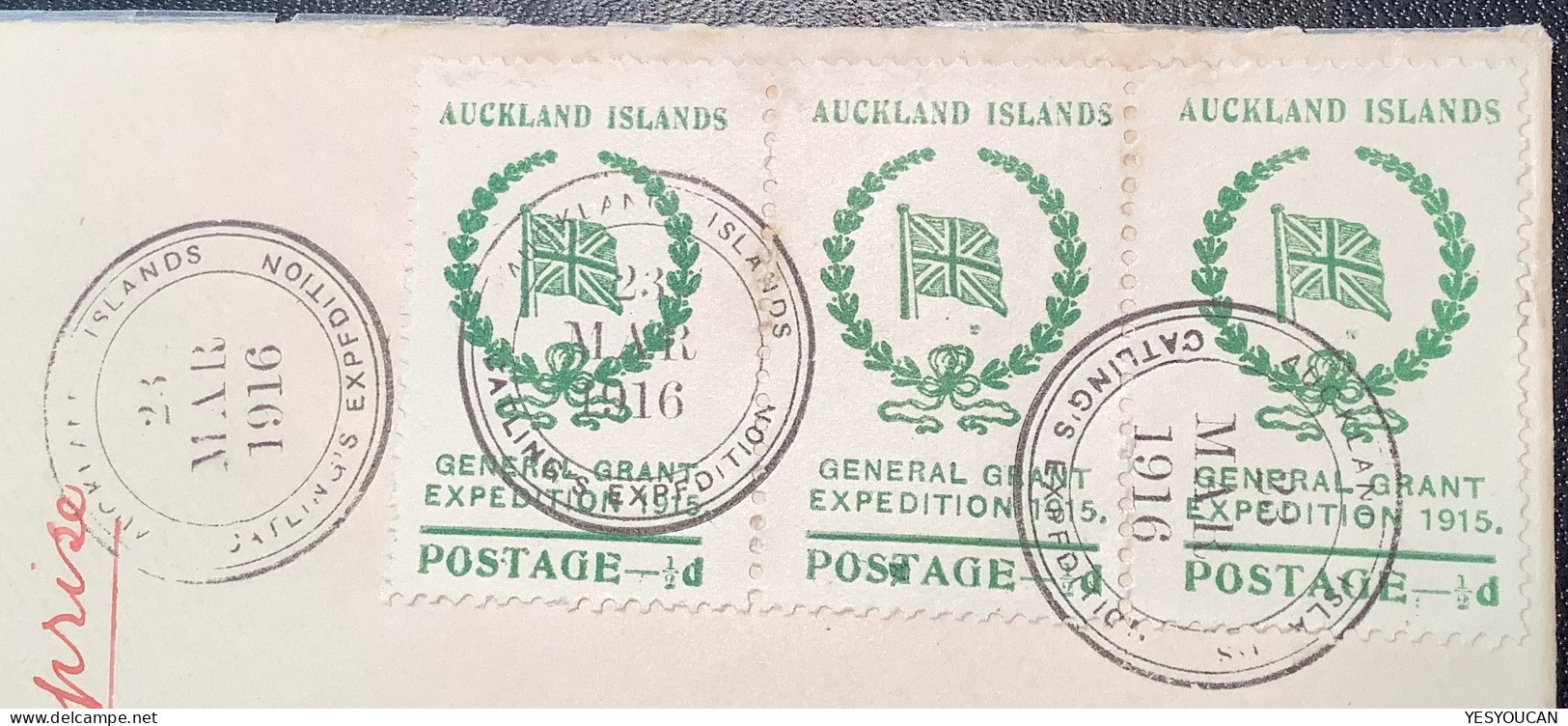 NZ1916 Percy Catling’s Antarctic Expedition For Gold Ship General Grant Auckland Islands Cover(New Zealand Polar Polaire - Covers & Documents