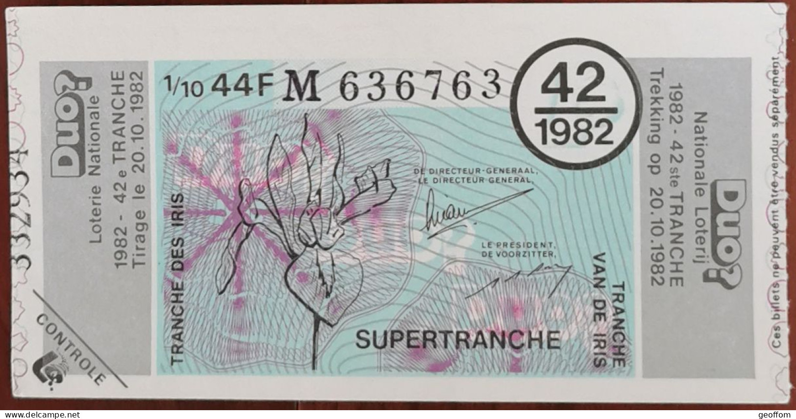Billet De Loterie Nationale Belgique 1982 42e Tr - SuperTranche Des Iris - 20-10-1982 - Billetes De Lotería