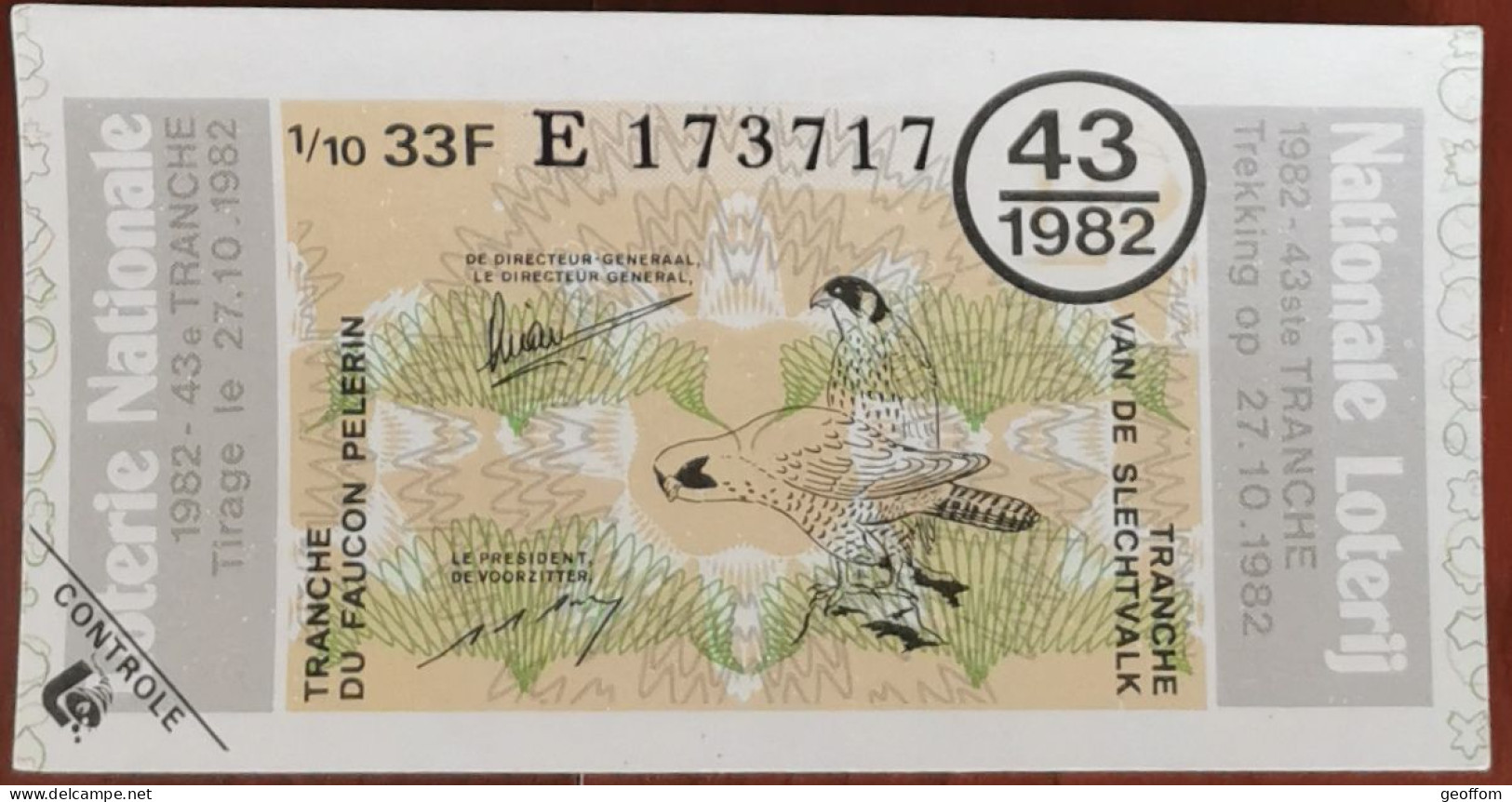 Billet De Loterie Nationale Belgique 1982 43e Tr  Tranche Du Faucon Pellerin - 27-10-1982 - Billetes De Lotería