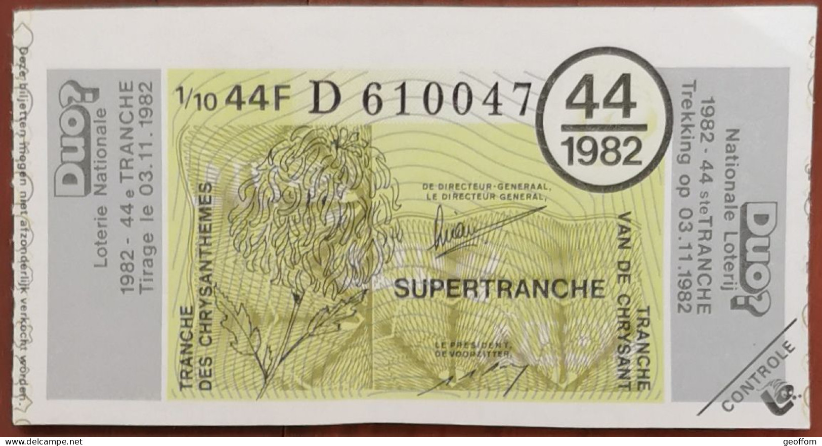 Billet De Loterie Nationale Belgique 1982 44e SuperTranche Des Chrysanthèmes - 3-11-1982 - Billetes De Lotería