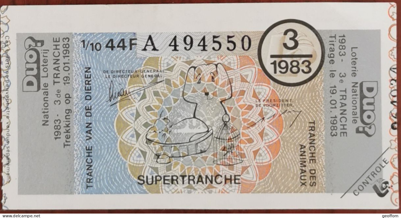 Billet De Loterie Nationale Belgique 1983 3e SuperTranche Des Animaux - 19-1-1983 - Billetes De Lotería