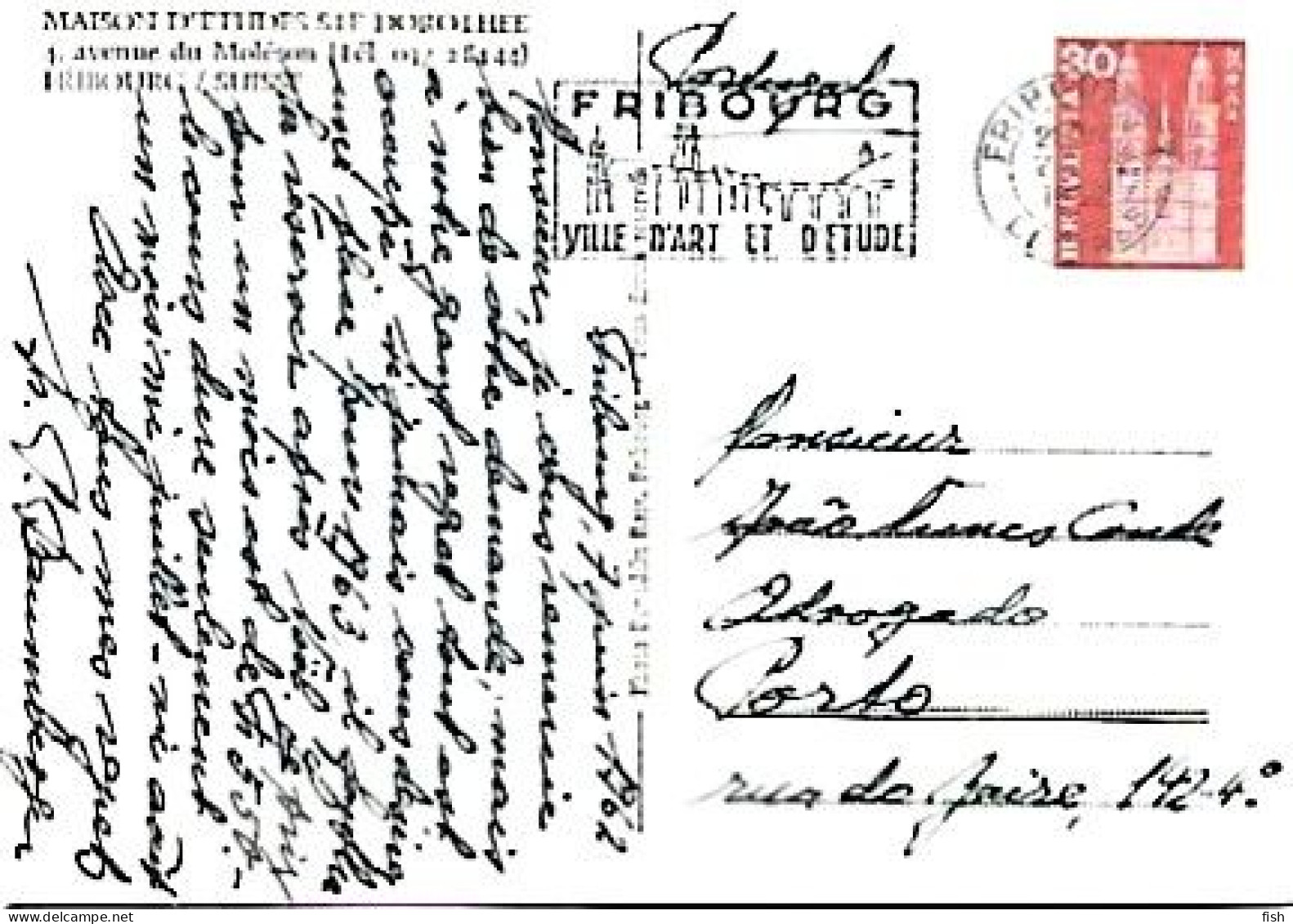 Switzerland & Marcofilia, Fribourg, Maison De Etudes Ste. Dorothee, Porto 1962 (7979) - Lettres & Documents