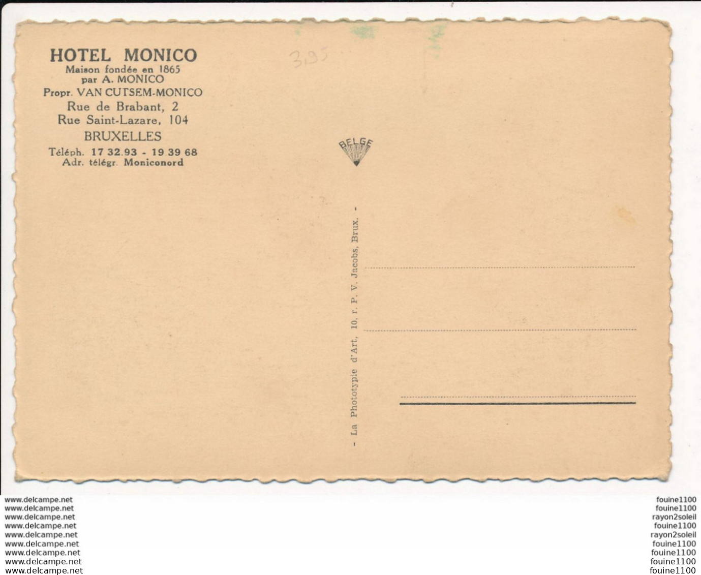 Carte ( Format 15 X 10,5 Cm ) BRUXELLES Hôtel Monico - Cafés, Hôtels, Restaurants