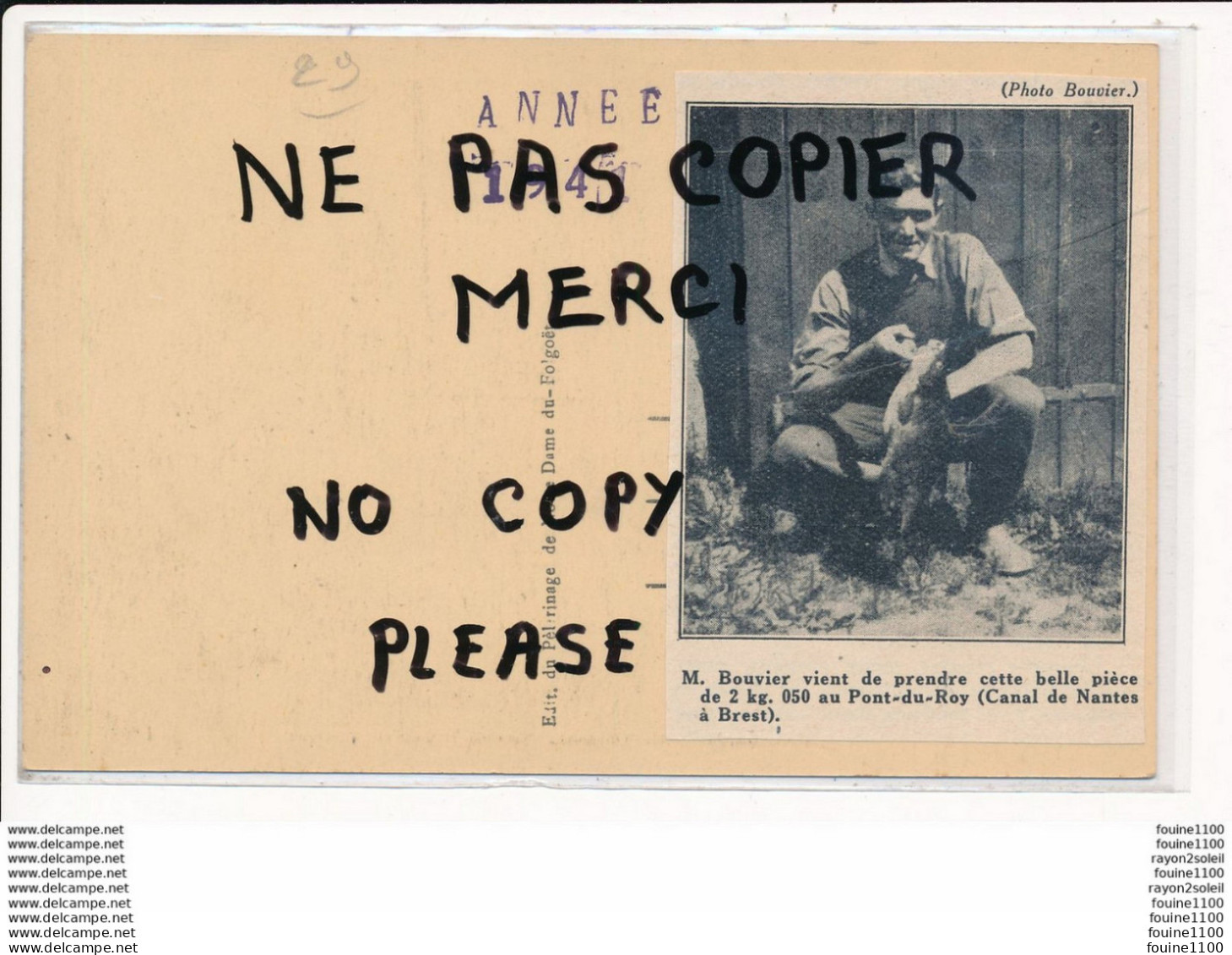 Collage Au Dos De Carte Postale Pêche Au PONT DU ROY Canal De NANTES à BREST Env. De Châteauneuf Du Faou Par M. BOUVIER - Châteauneuf-du-Faou