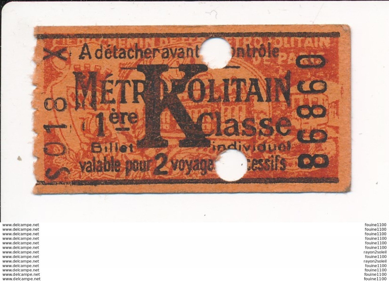 Ticket De Métro De Paris ( Métropolitain ) 1ère Classe  Lettre K - Europa