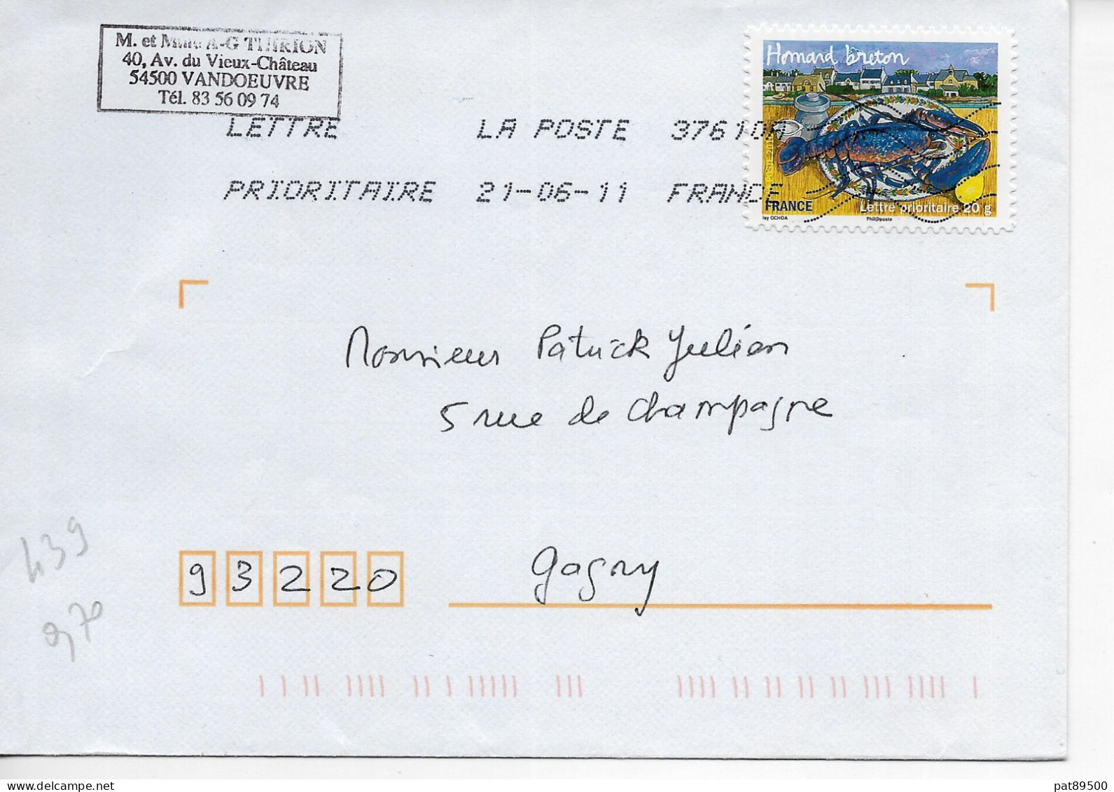 FRANCE AA 439 - 2010 - Saveurs De Nos Régions : Le HOMARD BRETON / Petite  Env.  Entière OBL.en  2011 /LOT B * - Storia Postale