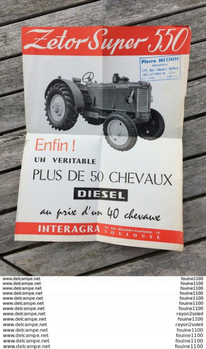 Affiche Publicitaire Tracteur Agricole ZETOR SUPER 550 Au Dos Caracteristiques ( Mécanicien Pierre Méchin à BOURGES ) - Traktoren