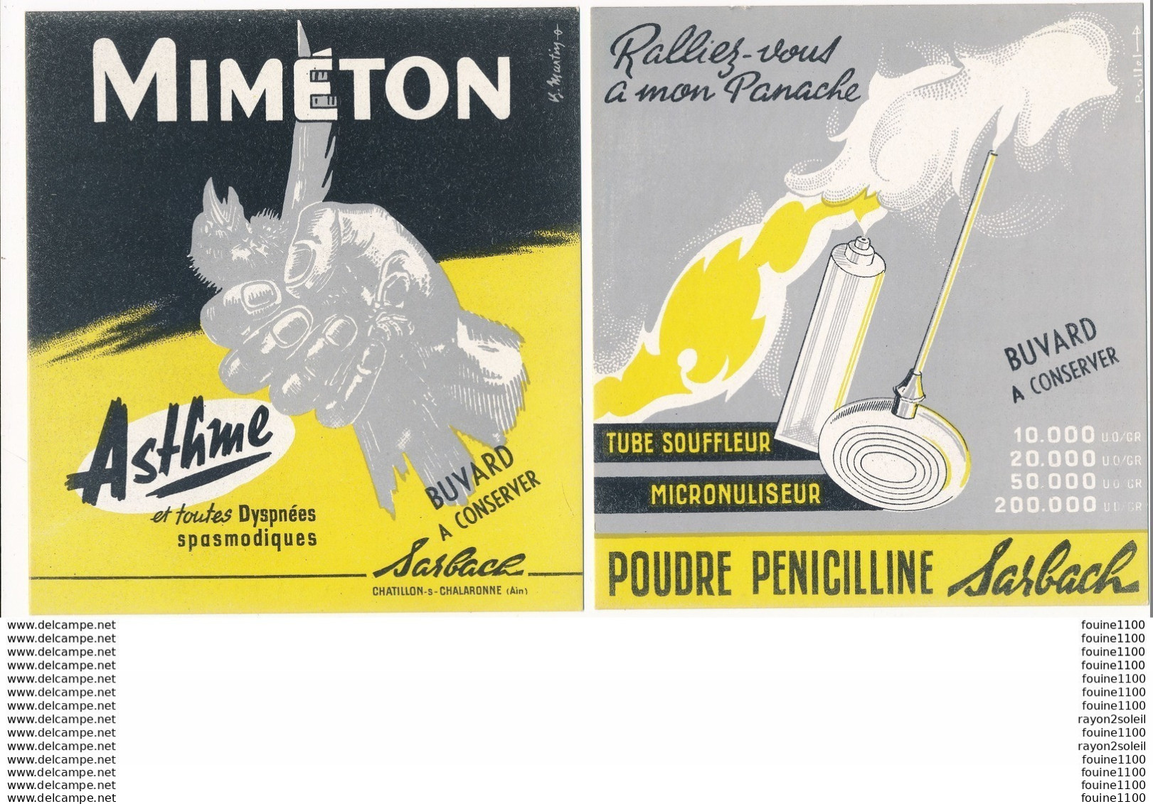 Lot De 2 " BUVARD  " Miméton / Poudre Pénicilline SARBACH à Chatillon Sur Chalaronne 01 ( Médicament Pharmacie ) - Produits Pharmaceutiques