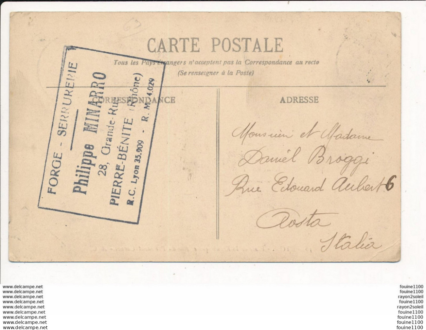 Carte De Lyon Au Dos Tampon Cachet Forge Serrurerie Philippe MINARRO 28 Grande Rue à PIERRE BENITE - Pierre Benite