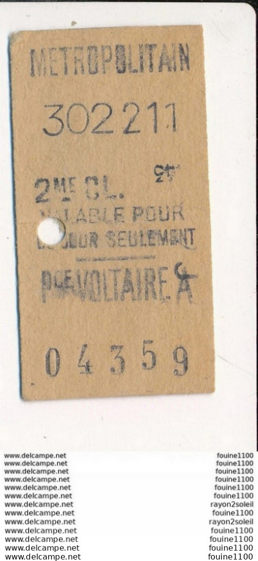 Ticket De Métro De Paris ( Métropolitain ) 2me Classe  ( Station )  PCE VOLTAIRE A ( Place Voltaire A ) - Europa