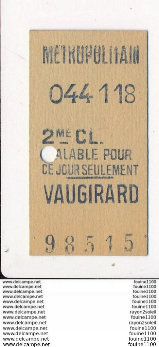 Ticket De Métro De Paris ( Métropolitain ) 2me Classe  ( Station )  VAUGIRARD - Europe