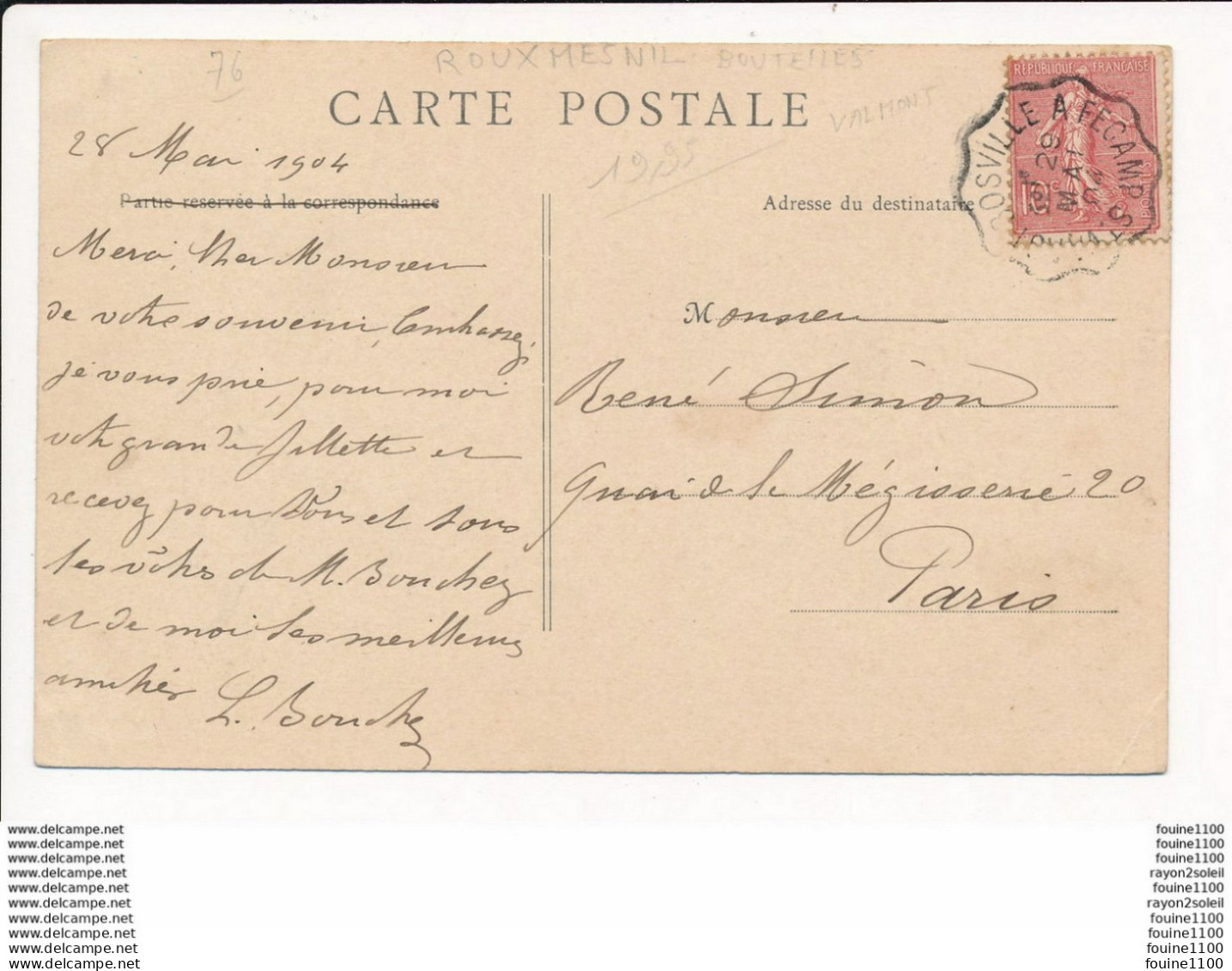 Carte ( Curieux Aucun éditeur ) LE ROUXMESNIL BOUTEILLES  VAMONT  ( Recto Verso ) - Valmont